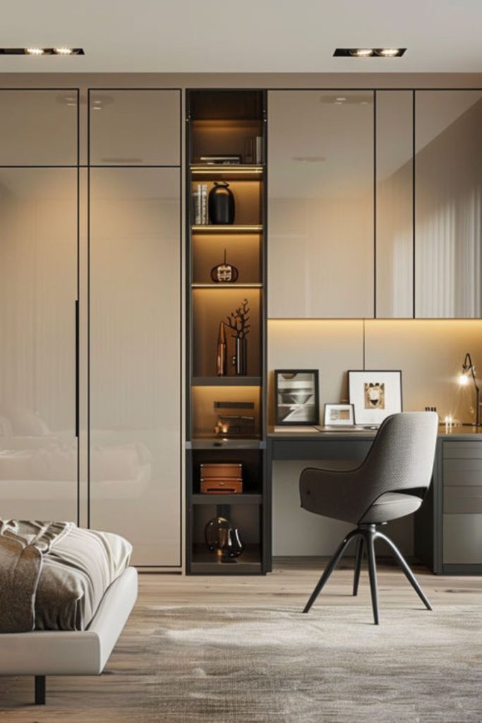 Hotel-inspired luxury bedroom office nook.