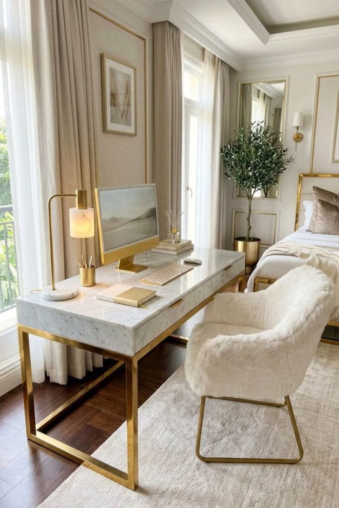 Luxury marble desk with gold frame.