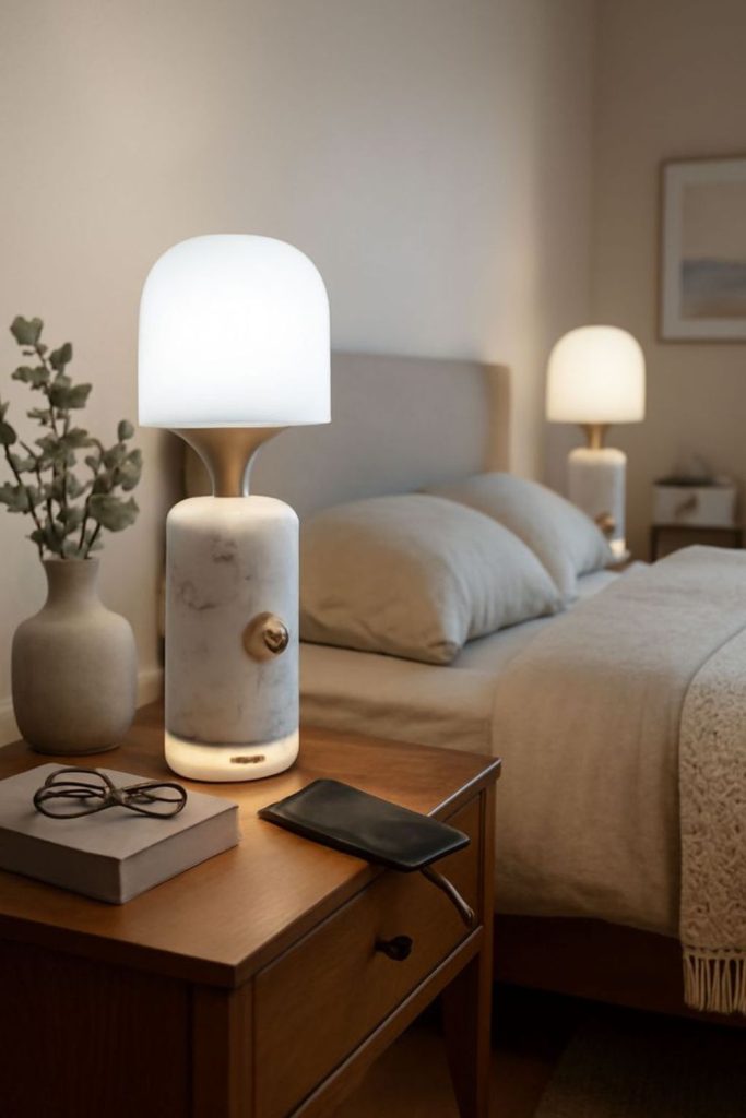 Marble bedside lamps with linen shades.