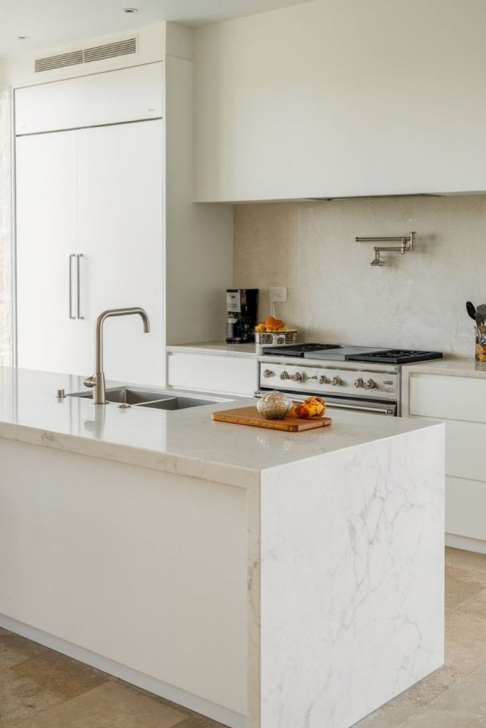 Marble kitchen island with farmhouse sink.