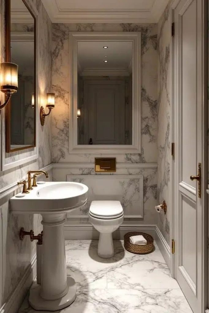 Marble-inspired elegant compact bathroom design.