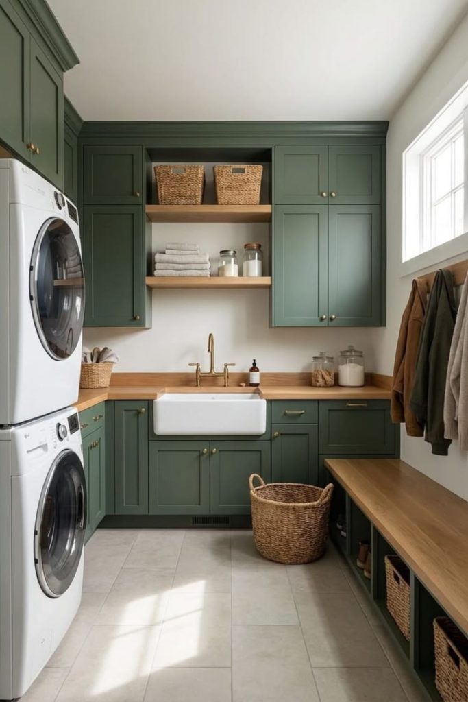 Olive green laundry room cabinetry.