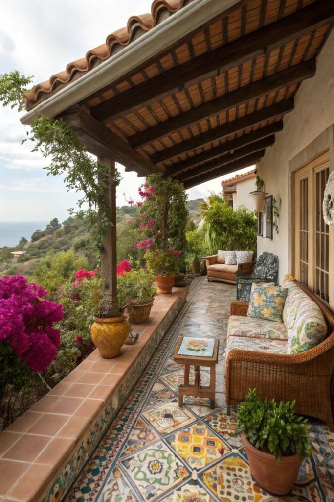 Mediterranean covered porch with terracotta flooring.
