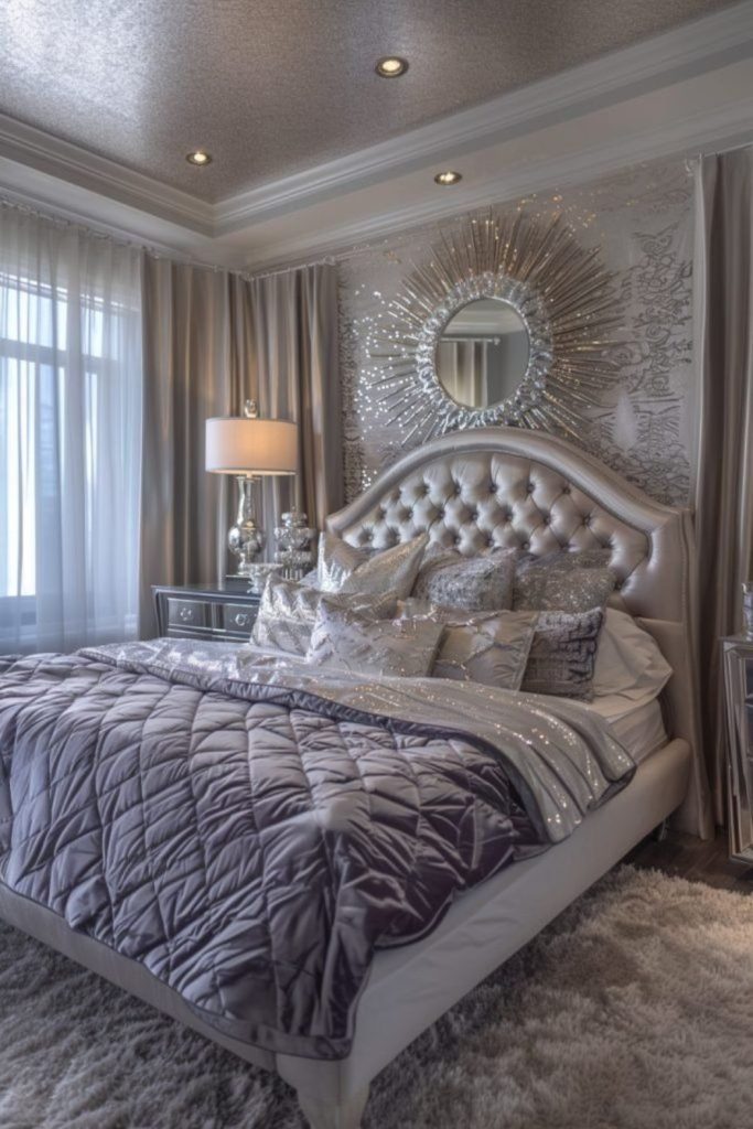 Metallic silver bedroom with star decorations.