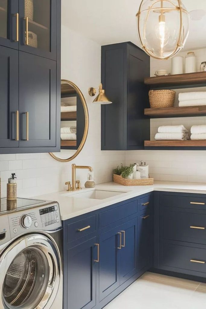 Midnight blue butler-style laundry cabinets.