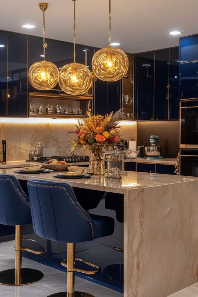 Midnight blue luxury kitchen island design.