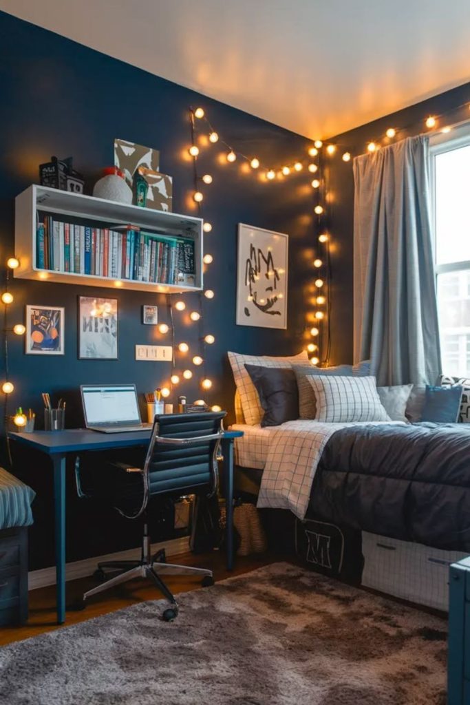 Midnight blue reading nook dorm.