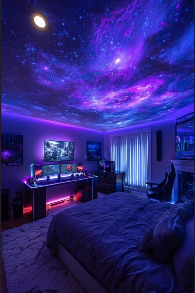 Galaxy themed navy teen bedroom design.