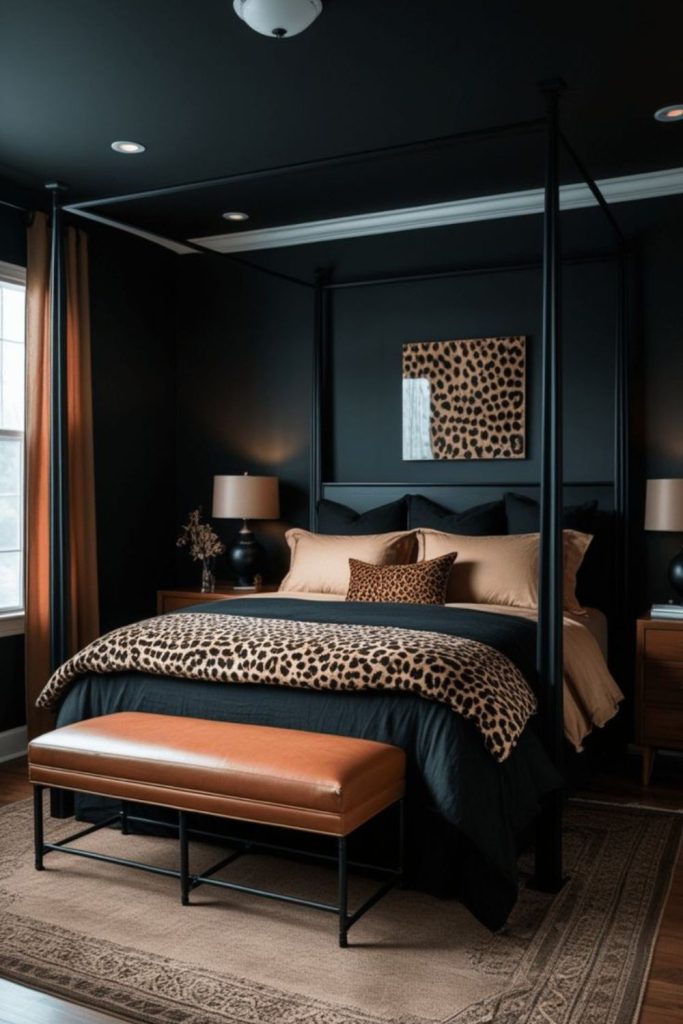Midnight blue leopard glamorous bedroom.