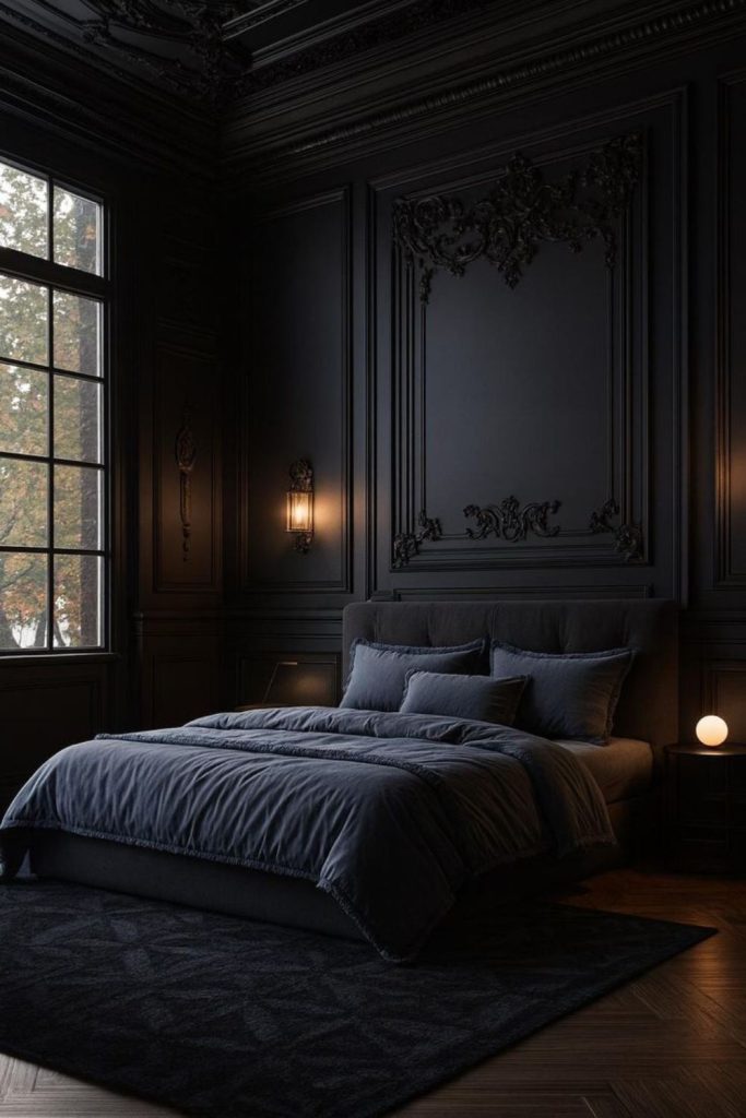 Artistic midnight black Nouveau bedroom chamber.
