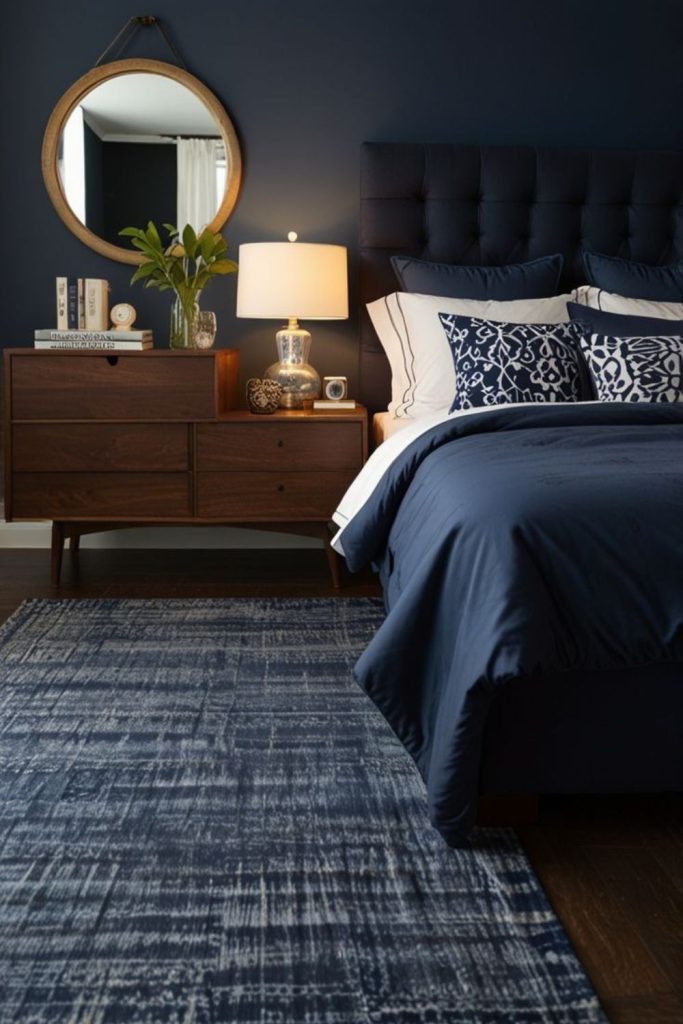 Midnight navy elegant bedroom carpet style.