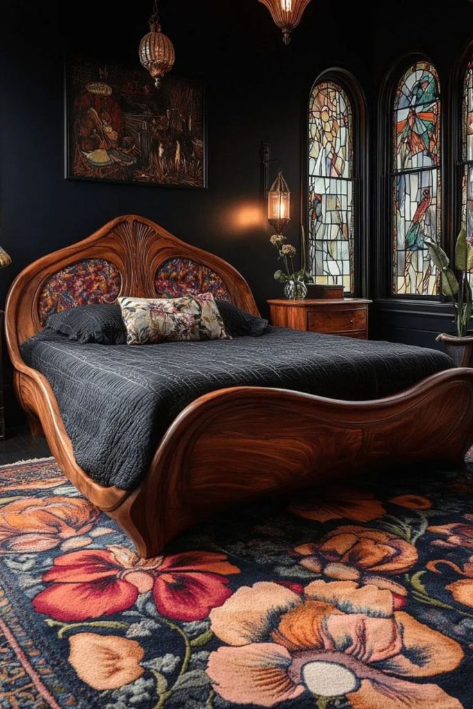 Midnight black Art Nouveau bedroom sanctuary.