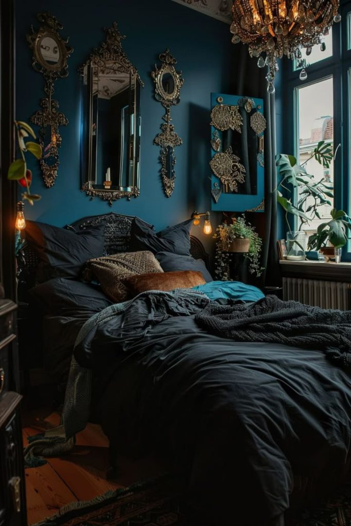 Black bedroom featuring vibrant peacock accents.