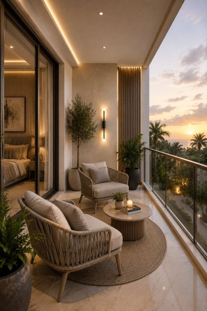Minimal white bedroom balcony with cushions.