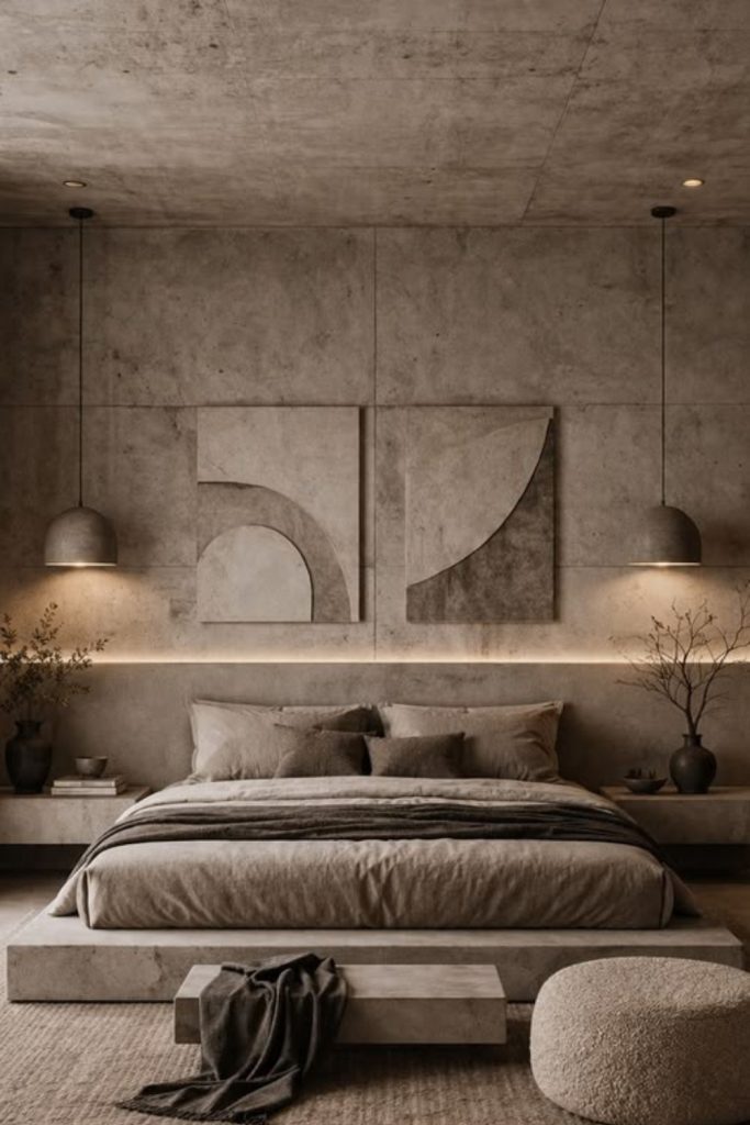 Minimal concrete-inspired platform bed.