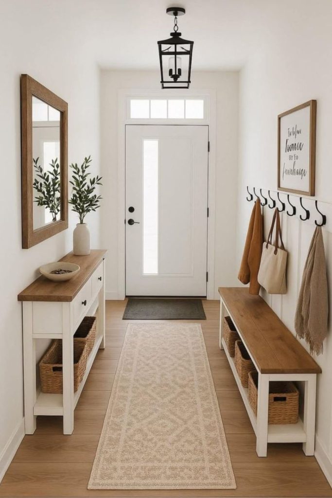Minimal entryway featuring console and greenery.