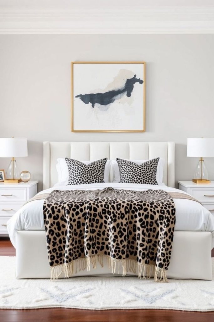 Minimal bedroom with leopard bedding.