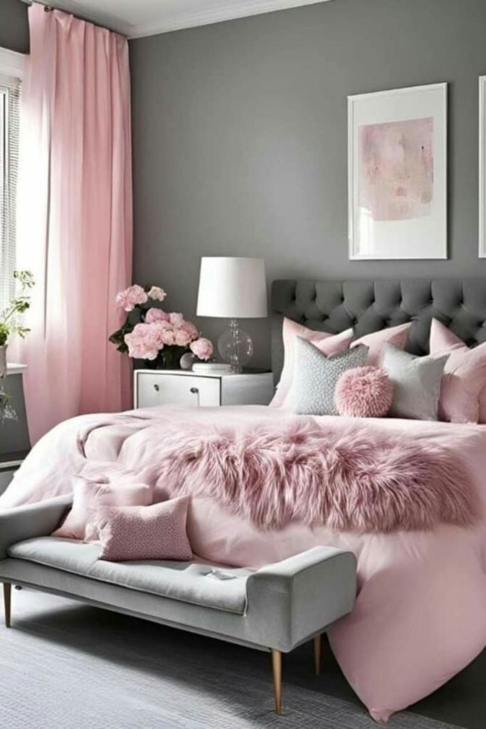 Minimal pink mist and grey bedroom.