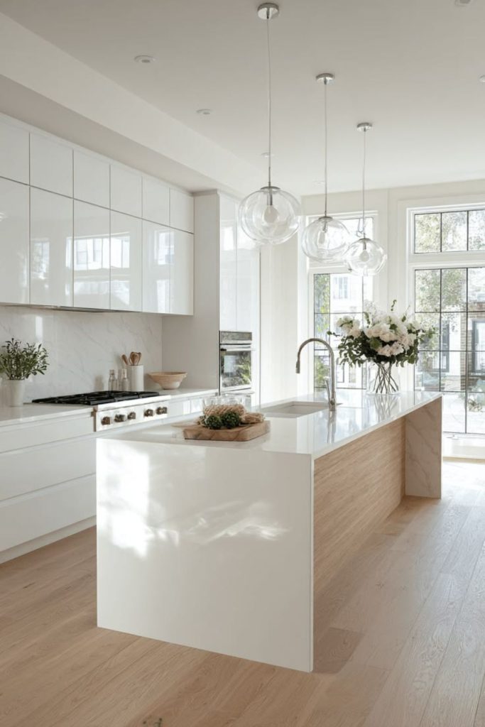 Minimal white modern kitchen island design.