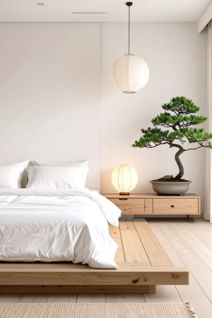 Minimal Zen bedroom with calming decor.