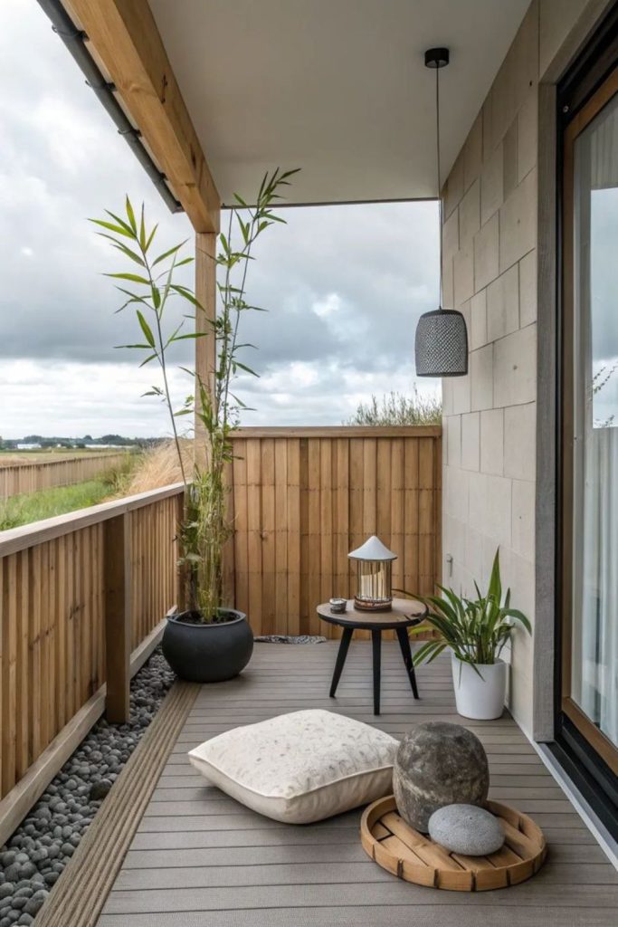 Minimal Zen covered porch with wood.