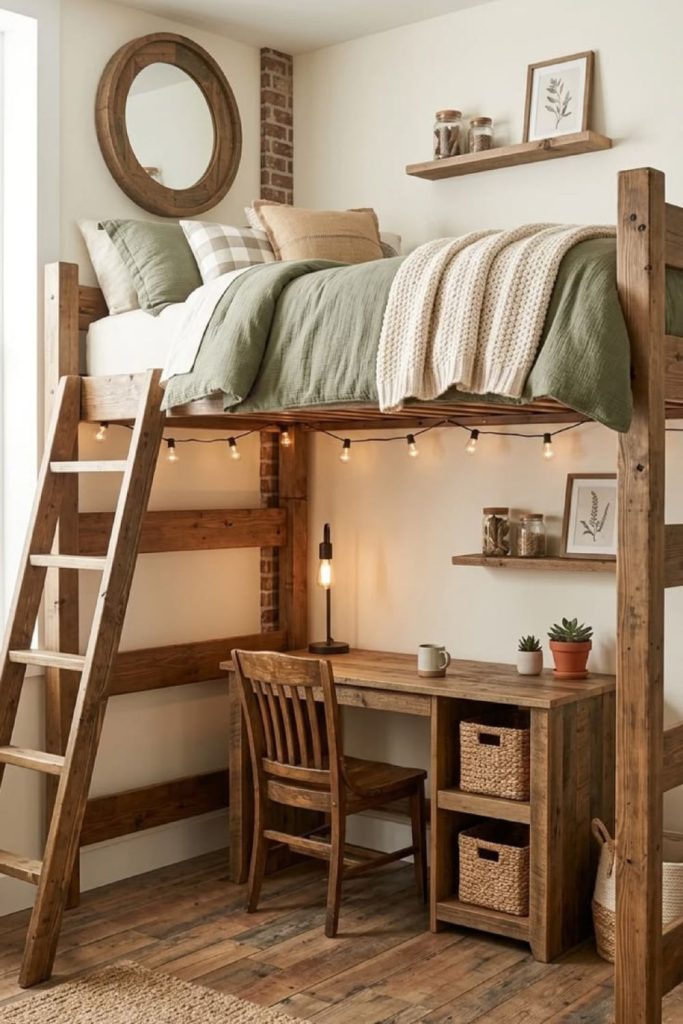 Minimalist elevated bed dorm room.