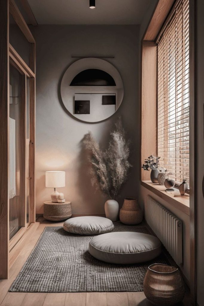 Clean neutral room with stone decor.