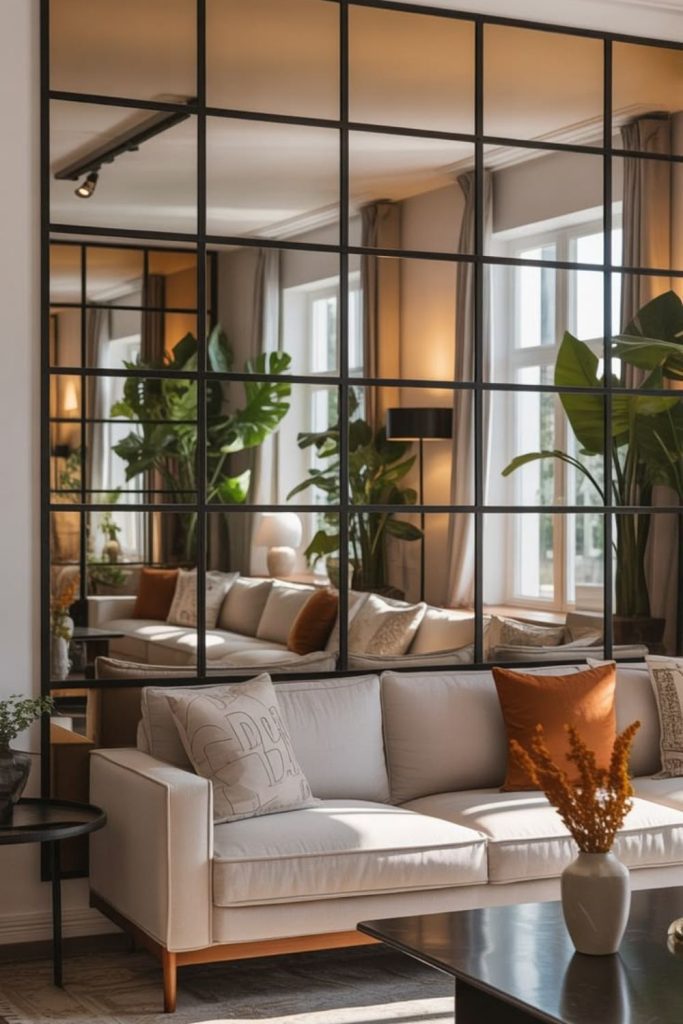 Oversized mirror reflecting bright elegant interior.