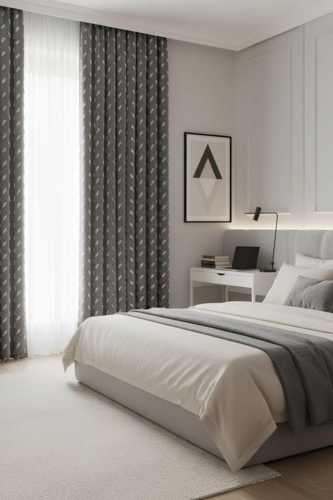 Misty grey curtains with blackout blinds.