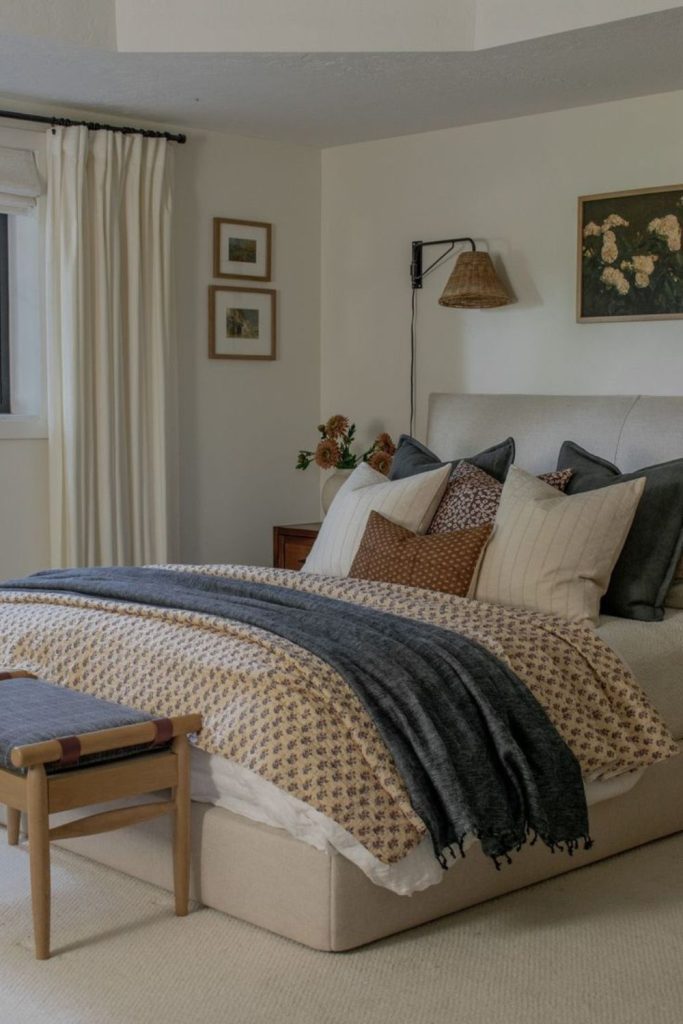 Mixed pattern bedding with colorful prints.