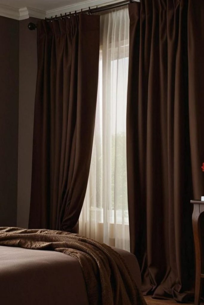 Mocha curtains with cellular window blinds.
