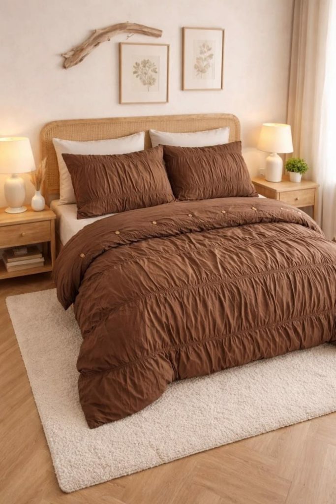 Mocha brown and creamy neutral bedding