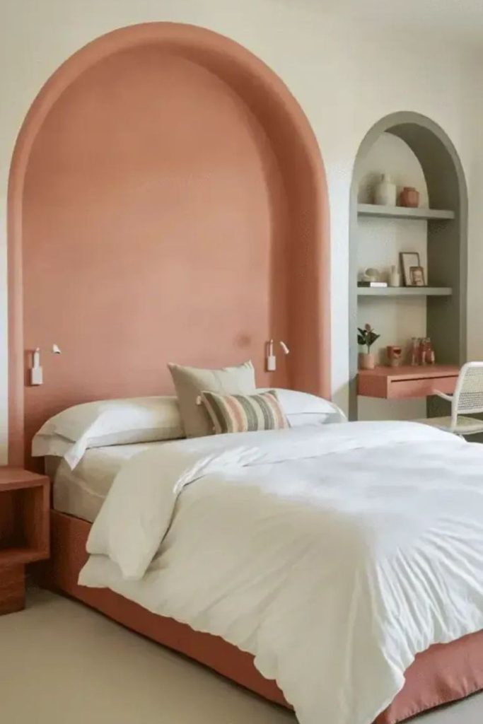 Modern arched upholstered headboard bed.