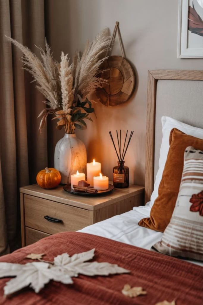 Modern minimalist fall bedroom decor.