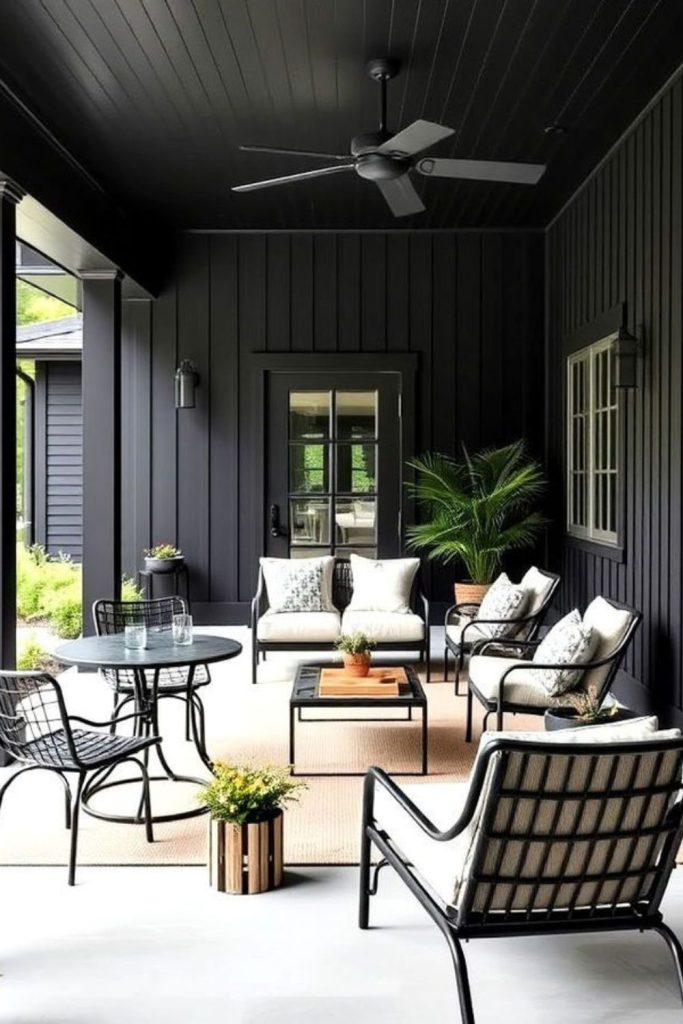 Modern black frame covered porch design.
