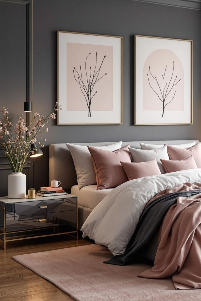 Modern blush and grey bedroom.