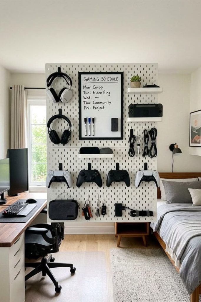 Modern gaming dorm room with LEDs.