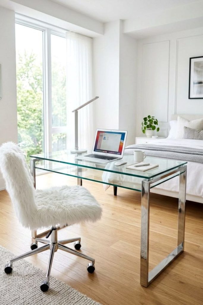 Modern glass desk with chrome legs.
