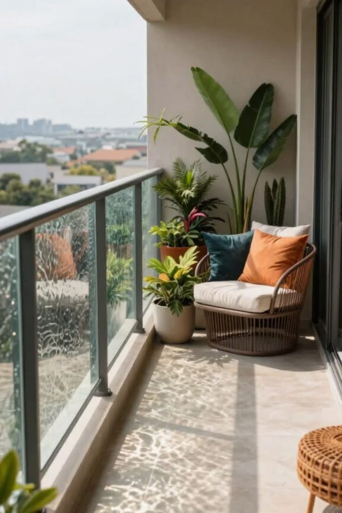 Modern glass bedroom balcony overlooking skyline.