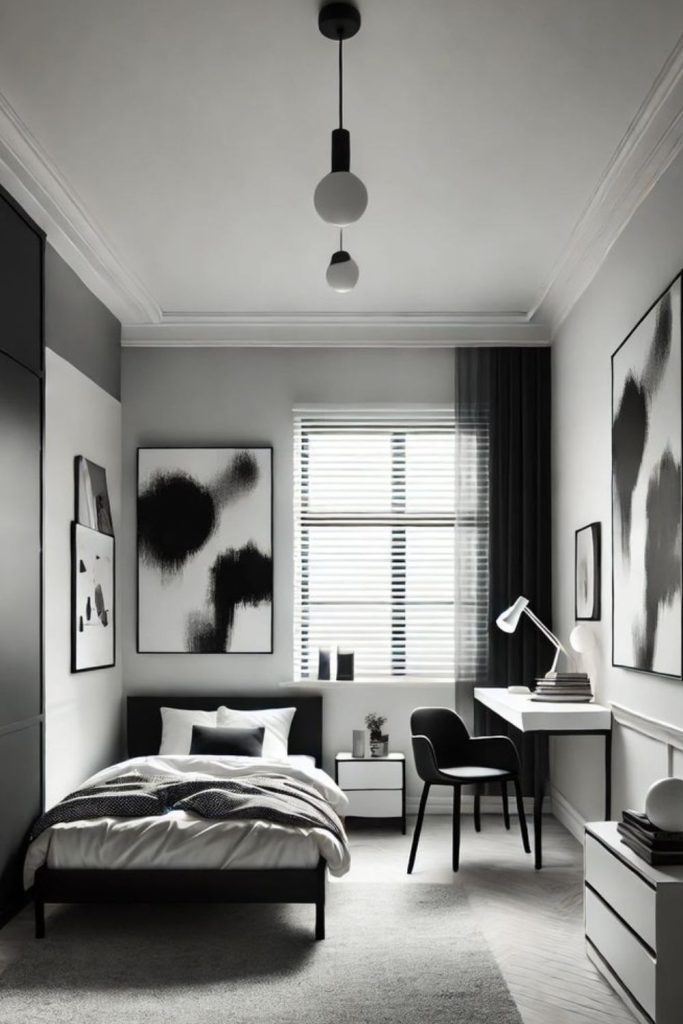 Modern monochrome bedroom with geometric décor.