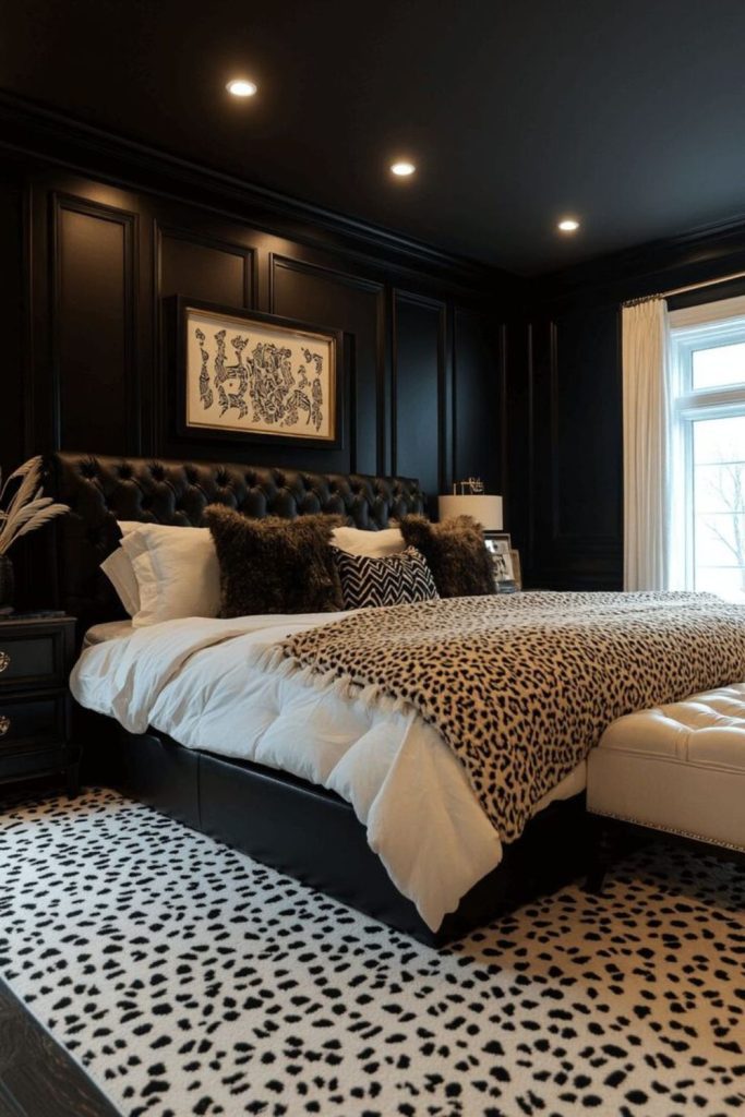 Modern monochrome bedroom with leopard accents.