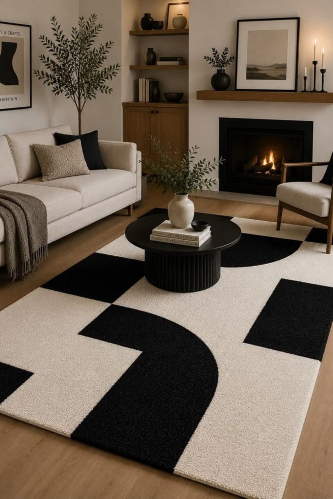 Black white room with geometric decor.