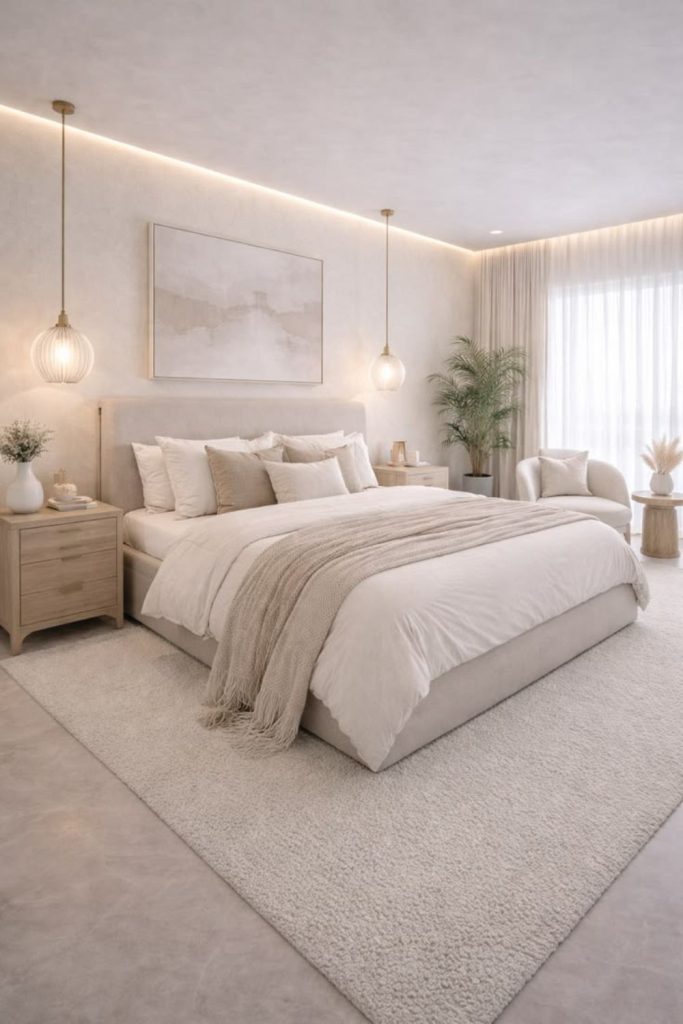 Modern neutral bedroom with boucle chair.