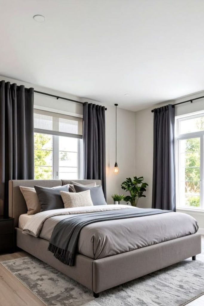 Black curtains with grey window blinds.