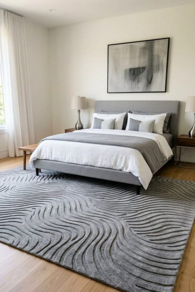 Monochrome graphic patterned bedroom carpet look.