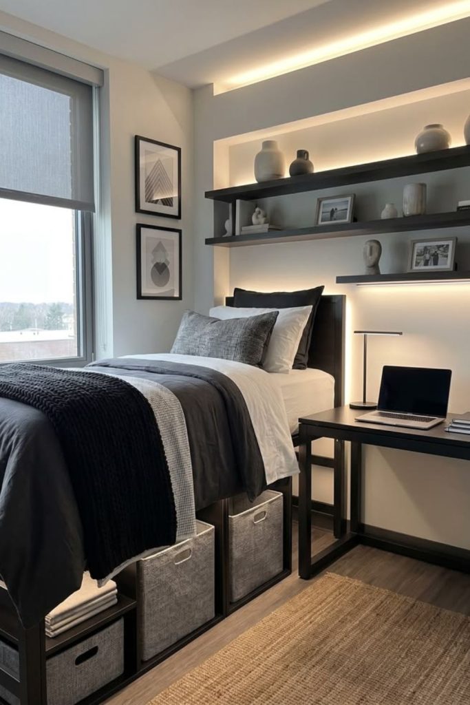 Monochrome lofted bed dorm setup.