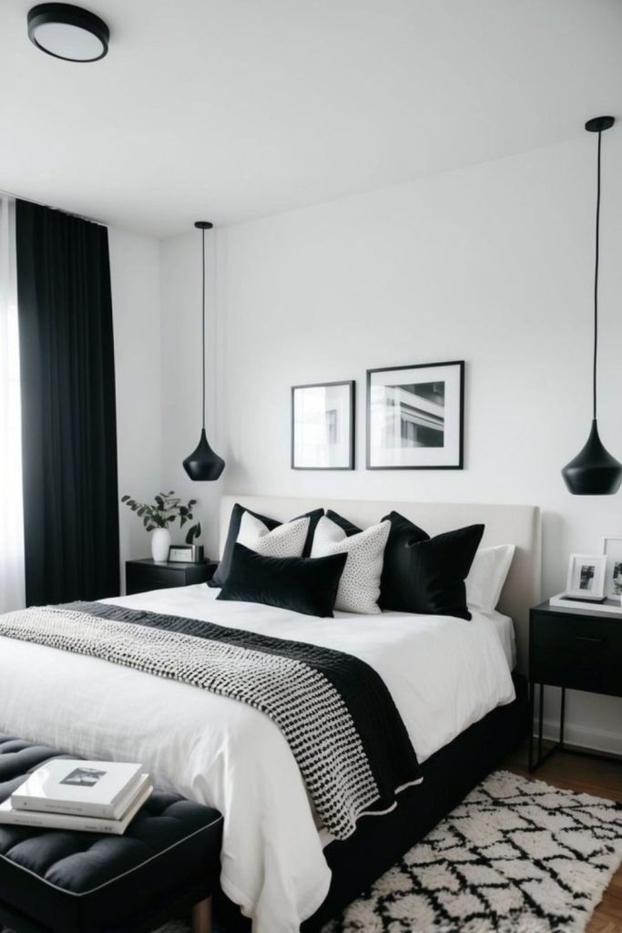 Minimal monochrome black white bedding design.