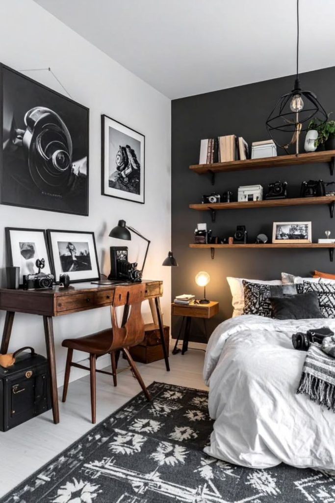 Black white modern monochrome teen bedroom.