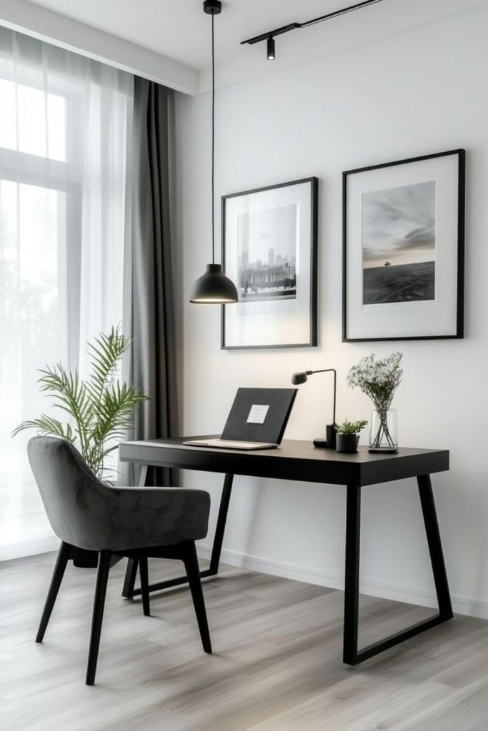 Monochrome bedroom workspace with sleek furniture.