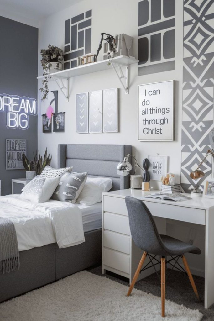 Personalized modern bedroom with monogram decor.